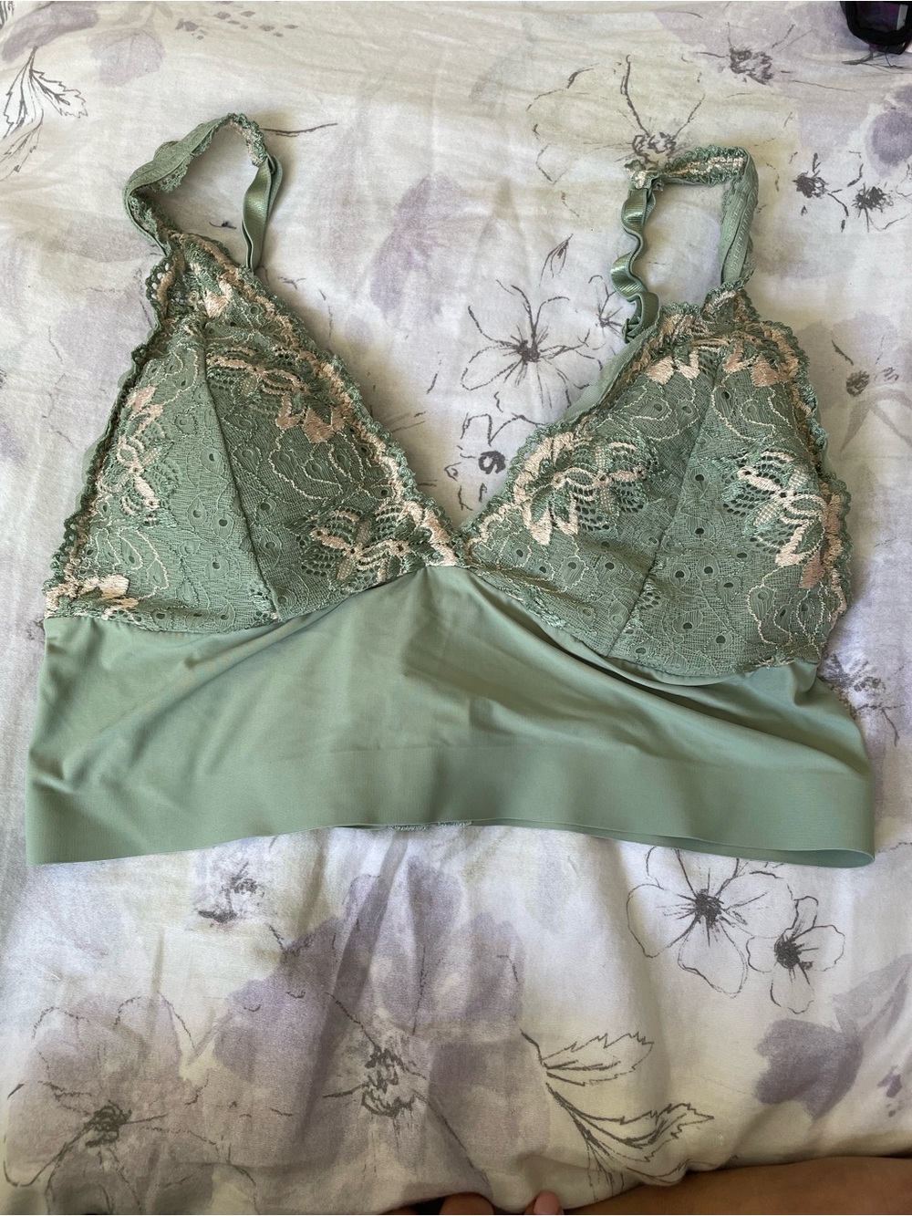 sophie b. Lace-Trim Bralette in Sage Green with Cream Accents